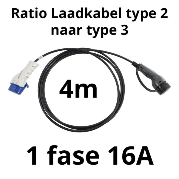 Laadkabel type 2 naar type 3 - 1 fase 16A - 4 meter